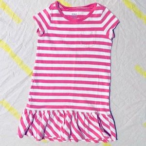 Pink + White Stripe Cotton Dress with Pocket and Ruffle at Bottom